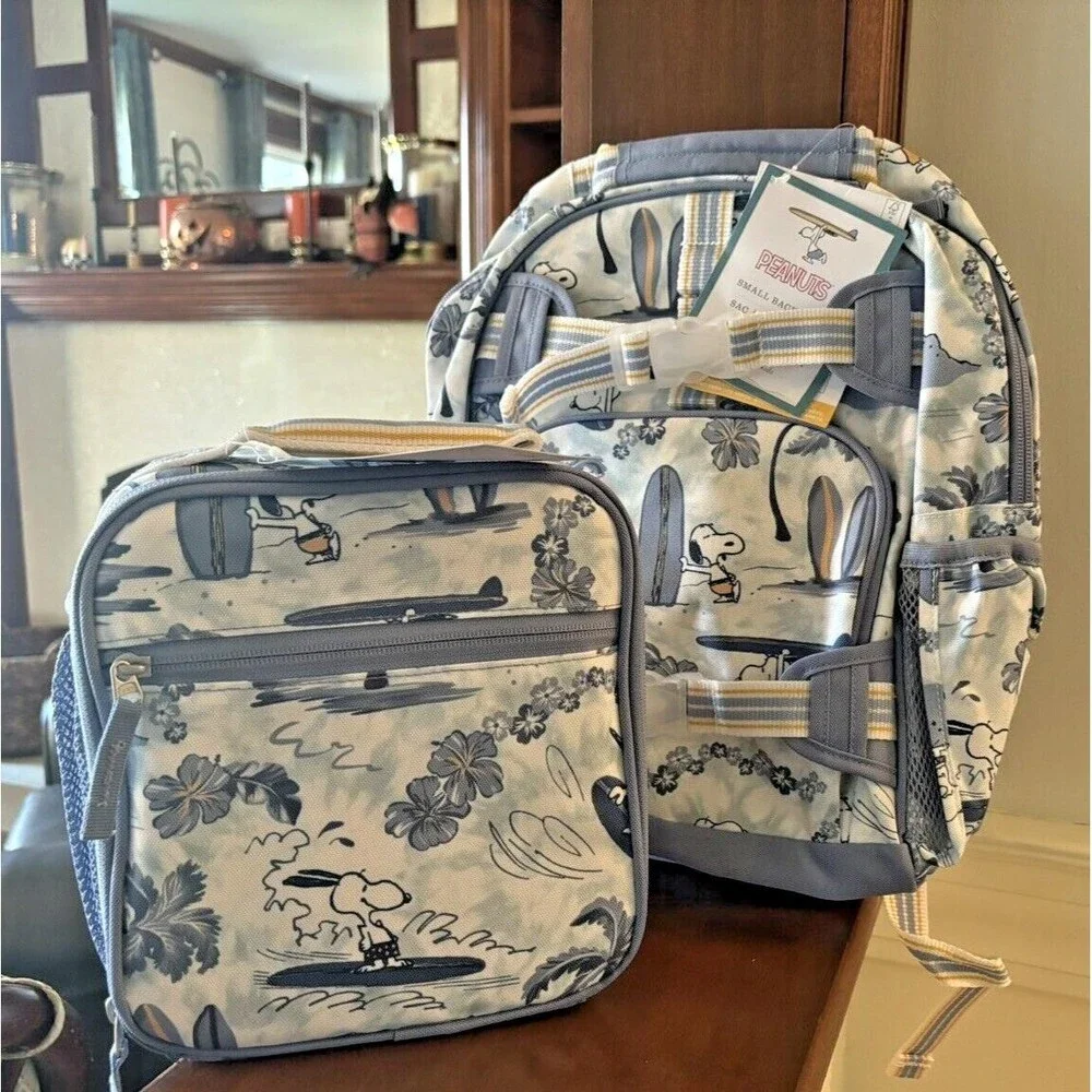 School Pottery barn Kids SNOOPY BACKPACK LUNCH BOX Peanuts Utensils travel Bag .
